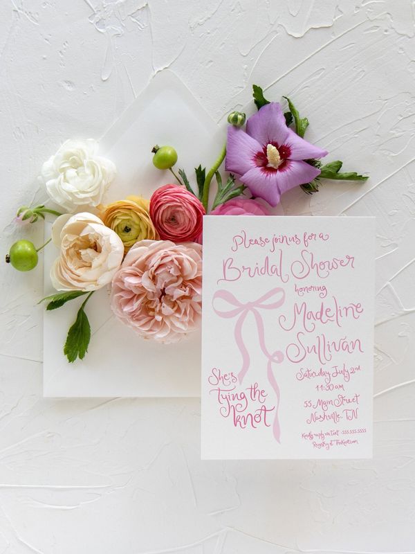 Hand Drawn Tying the Knot Bridal Shower Invitations Coquette Pink Bow Bridal Brunch, Bridal Luncheon, Bridesmaids Lunch Tea (10 printed invitations | Plain White Envelopes)