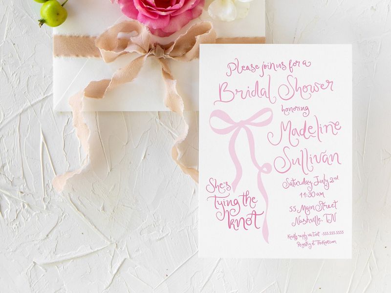 Hand Drawn Tying the Knot Bridal Shower Invitations Coquette Pink Bow Bridal Brunch, Bridal Luncheon, Bridesmaids Lunch Tea (10 printed invitations | Plain White Envelopes)