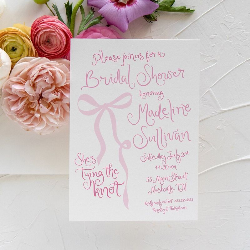 Hand Drawn Tying the Knot Bridal Shower Invitations Coquette Pink Bow Bridal Brunch, Bridal Luncheon, Bridesmaids Lunch Tea (10 printed invitations | Plain White Envelopes)