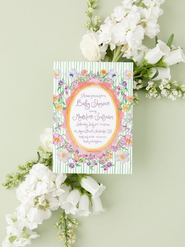 Hand Drawn Girl Baby Shower Invitations - Purple Lavender Baby Girl Sprinkle - Baby Sip and See - 1st Birthday Girl Printed (10 printed invitations | Plain White Envelopes)