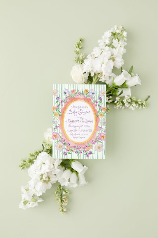 Hand Drawn Girl Baby Shower Invitations - Purple Lavender Baby Girl Sprinkle - Baby Sip and See - 1st Birthday Girl Printed (10 printed invitations | Plain White Envelopes)