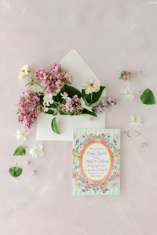 Hand Drawn Girl Baby Shower Invitations - Purple Lavender Baby Girl Sprinkle - Baby Sip and See - 1st Birthday Girl Printed (10 printed invitations | Plain White Envelopes)
