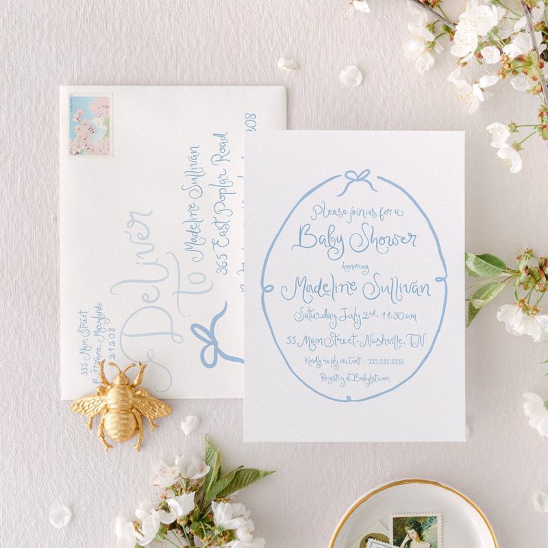 Hand Drawn Blue Bow Boy Baby Shower Invitations - Baby Boy Sprinkle - Baby Sip and See - Bridal Shower Coquette Bow Printed (10 printed invitations, Plain White Envelopes)