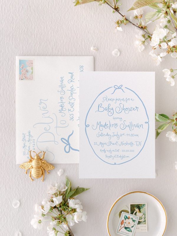 Hand Drawn Blue Bow Boy Baby Shower Invitations - Baby Boy Sprinkle - Baby Sip and See - Bridal Shower Coquette Bow Printed (10 printed invitations, Plain White Envelopes)