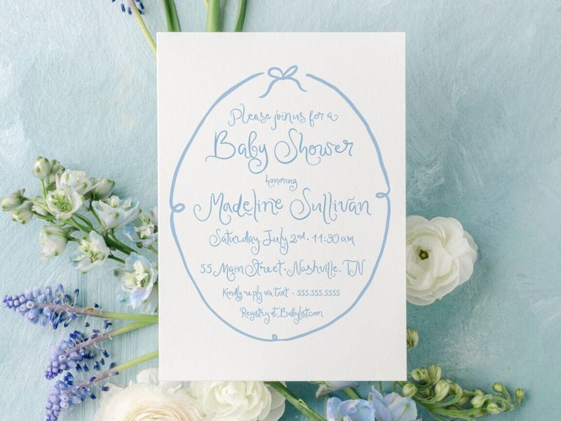 Hand Drawn Blue Bow Boy Baby Shower Invitations - Baby Boy Sprinkle - Baby Sip and See - Bridal Shower Coquette Bow Printed (10 printed invitations, Plain White Envelopes)