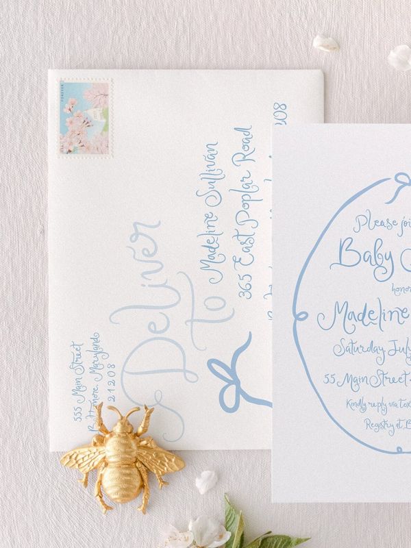 Hand Drawn Blue Bow Boy Baby Shower Invitations - Baby Boy Sprinkle - Baby Sip and See - Bridal Shower Coquette Bow Printed (10 printed invitations, Plain White Envelopes)