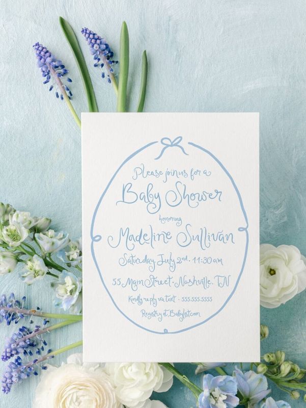 Hand Drawn Blue Bow Boy Baby Shower Invitations - Baby Boy Sprinkle - Baby Sip and See - Bridal Shower Coquette Bow Printed (10 printed invitations, Plain White Envelopes)