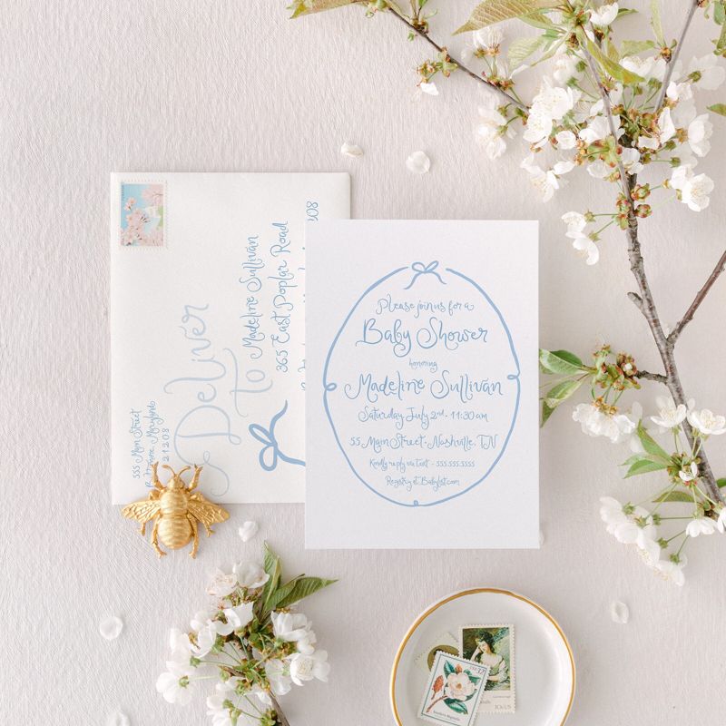 Hand Drawn Blue Bow Boy Baby Shower Invitations - Baby Boy Sprinkle - Baby Sip and See - Bridal Shower Coquette Bow Printed (10 printed invitations, Plain White Envelopes)