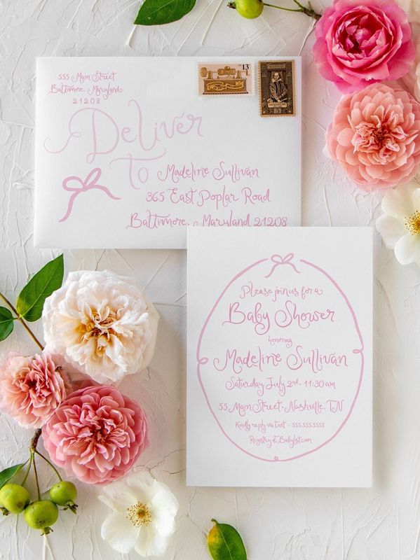 Hand Drawn Pink Bow Girl Baby Shower Invitations - Baby Girl Sprinkle - Baby Sip and See - 1st Birthday Girl Coquette Bow Printed (10 printed invitations | Plain White Envelopes)