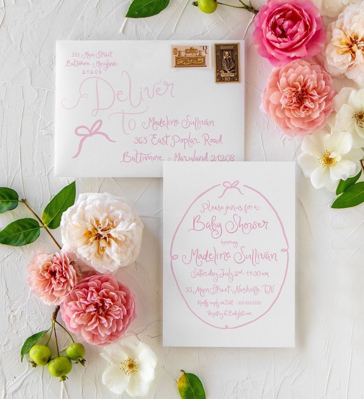 Hand Drawn Pink Bow Girl Baby Shower Invitations - Baby Girl Sprinkle - Baby Sip and See - 1st Birthday Girl Coquette Bow Printed (10 printed invitations | Plain White Envelopes)