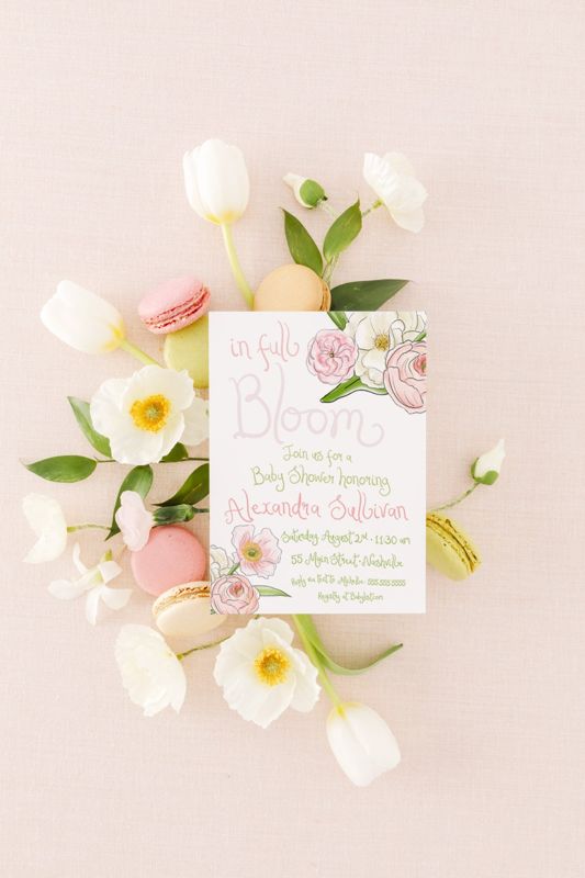 In Full Bloom Hand Drawn Girl Baby Shower Invitations - Baby Girl Sprinkle - Baby Sip and See - Printed Invitation (10 printed invitations | Plain White Envelopes)