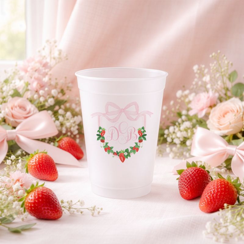 Berry Sweet Strawberry Monogram Party Cups for Baby Girl Shower Sprinkle Cups, 1st Birthday Party, Fancy Tea Party, Girl Birthday (25 cups (minimum))