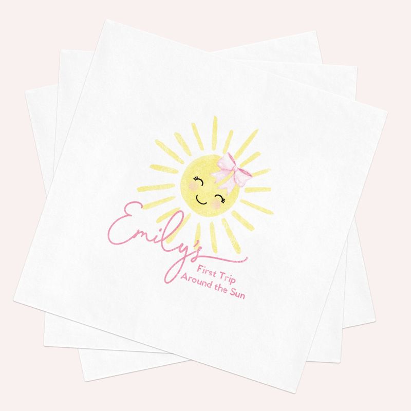 First Trip Around the Sun Napkins for Girl Baby Shower or Birthday Party, Our Little Sunshine Paper Napkins, Cocktail Napkins (100 Printed Napkins)