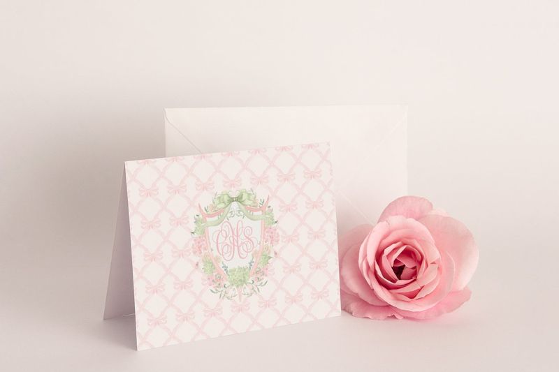 Printed Note Cards for Baby Girl - Dusty Pink Bow Hydrangea Thank You Notes - Monogramed Stationery (20 printed notes)
