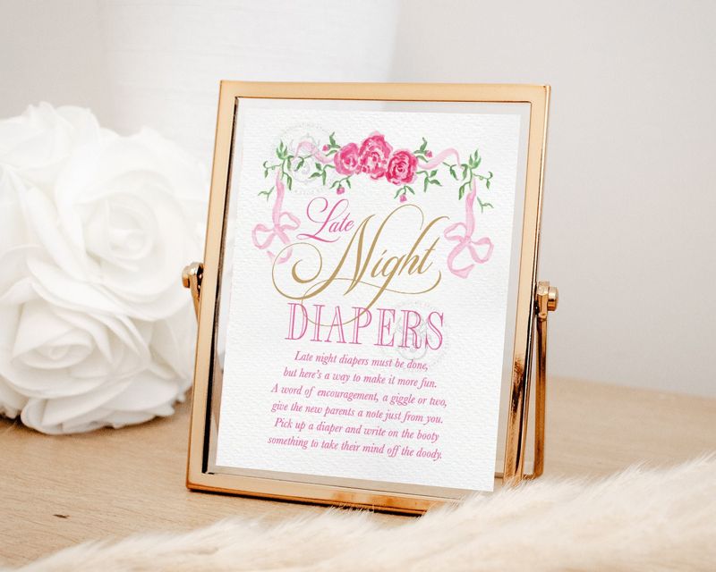 Printable Late Night Diaper Sign for Girl Baby Shower, Baby girl Sprinkle Signage, 8x10 printable sign Fancy Pink Bow