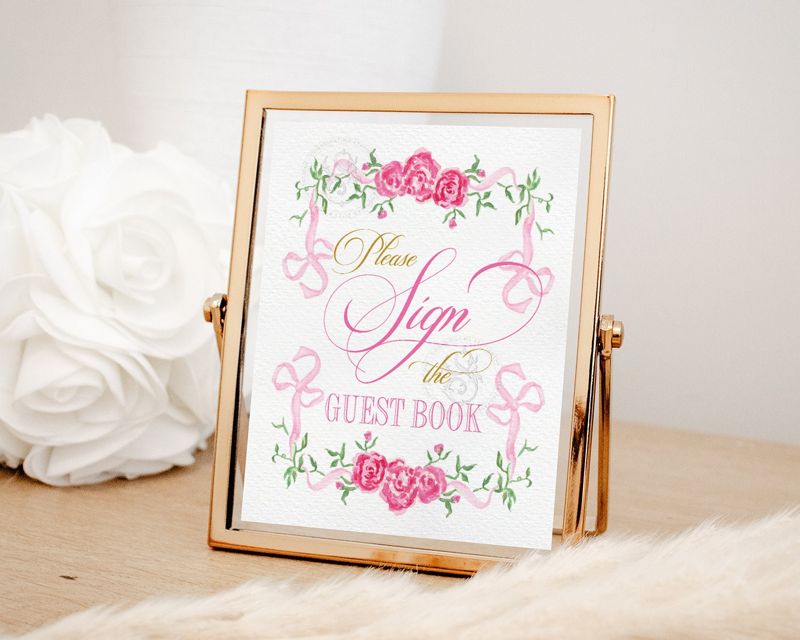Guest book Sign for Girl Baby Shower Printable with Fancy Pink bow - Printable 8x10 - Watercolor Bow Baby Sprinkle