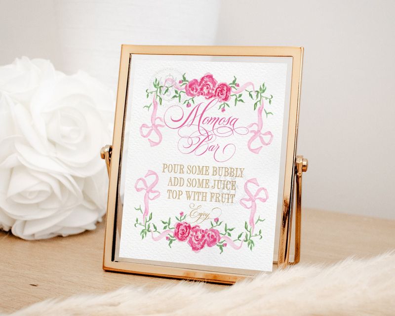 Mom-osa Bar Sign for Girl Baby Shower Printable with Fancy Pink Bow - Printable 8x10 - Baby Sprinkle