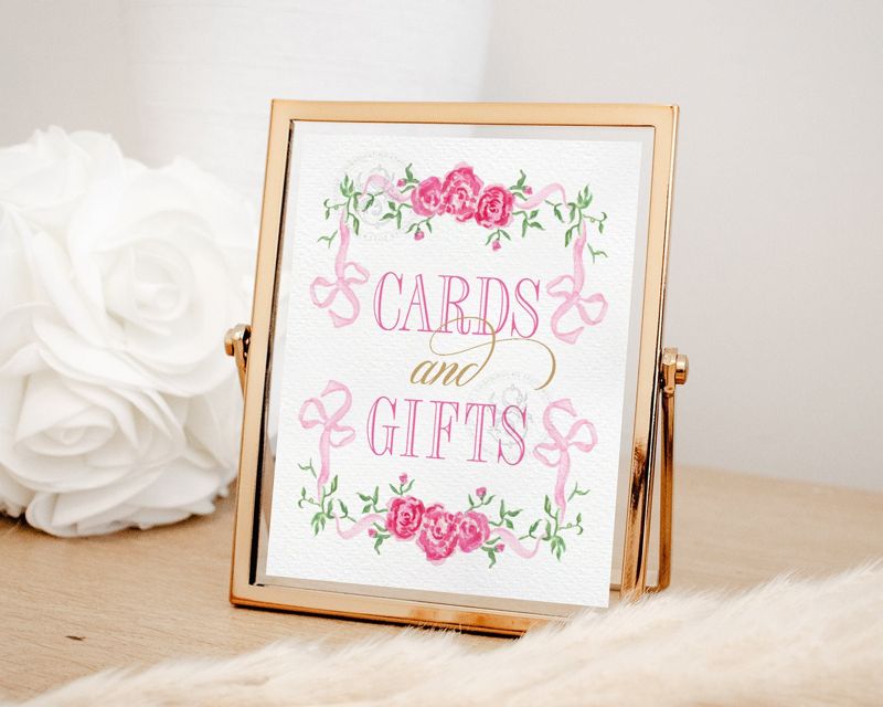 Cards and Gifts Sign for Girl Baby Shower Printable with Fancy Pink Bow - Printable 8x10 - Baby Girl Sprinkle