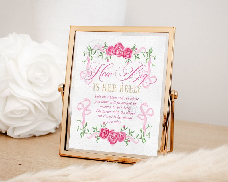 Measure The Belly Game Sign for Girl Baby Shower Printable 8x10" - Preppy Pink Baby Sprinkle Fancy Pink Bow