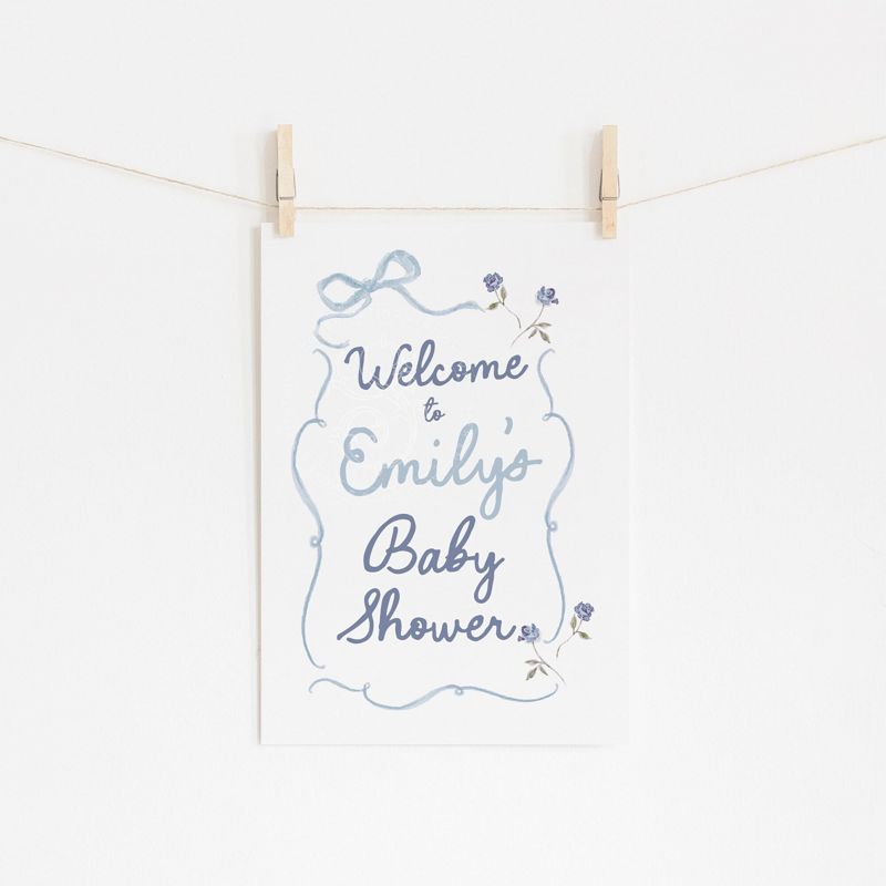 Hand drawn blue bow boy Baby Shower Welcome Sign - 18x24" welcome poster printed - sip and see - baby boy sprinkle (18x24 inches | Poster)