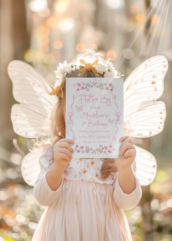 Butterfly Girl Birthday Party Invitation with Pink Bow and Butterflies, girl baby shower, enchanted fairy girl baby sprinkle (10 printed invitations | Plain White Envelopes)
