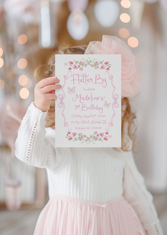 Butterfly Girl Birthday Party Invitation with Pink Bow and Butterflies, girl baby shower, enchanted fairy girl baby sprinkle (10 printed invitations | Plain White Envelopes)