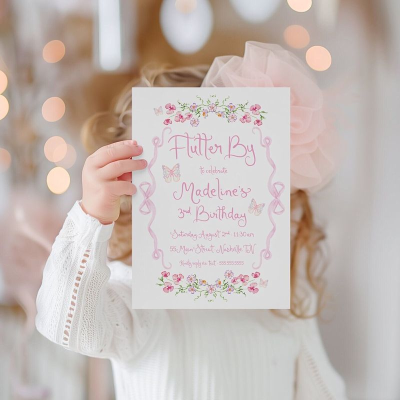 Butterfly Girl Birthday Party Invitation with Pink Bow and Butterflies, girl baby shower, enchanted fairy girl baby sprinkle (10 printed invitations | Plain White Envelopes)