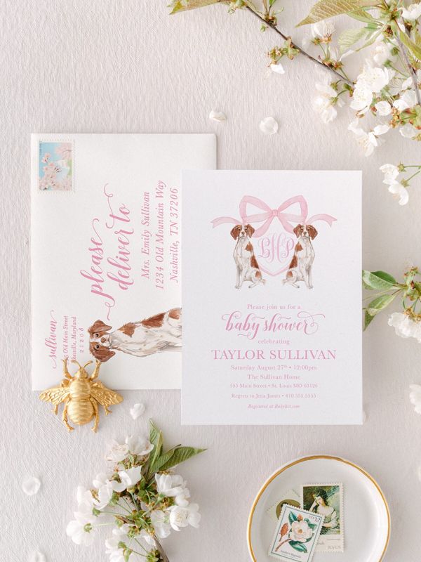 Baby Girl Shower Invitations with Brittany Spaniel Dogs, Preppy Watercolor Crest, Monogram Bow Baby Girl Sprinkle with Dogs Printed (10 printed invitations, Plain White Envelopes)
