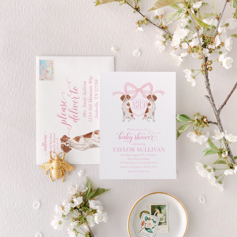 Baby Girl Shower Invitations with Brittany Spaniel Dogs, Preppy Watercolor Crest, Monogram Bow Baby Girl Sprinkle with Dogs Printed (10 printed invitations, Plain White Envelopes)