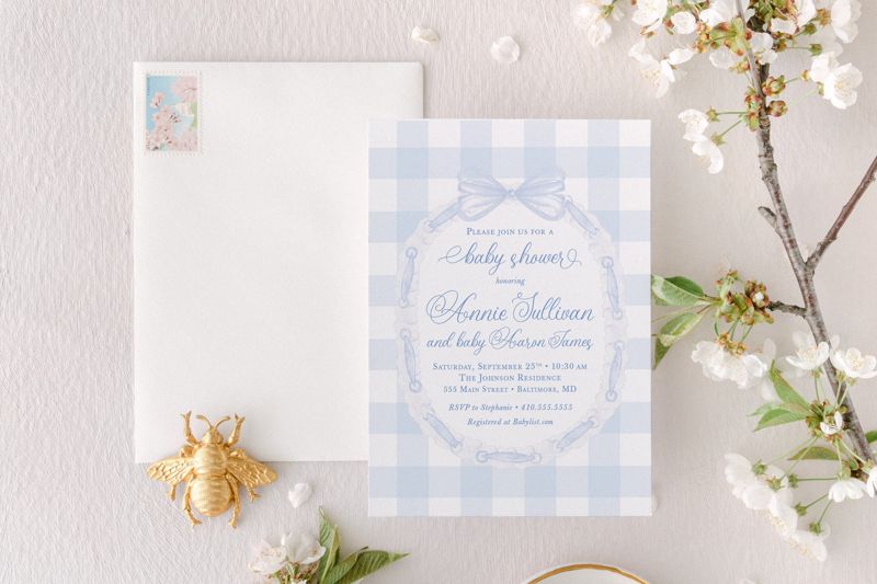 Baby Shower Invitation Printed, Classic Bow Invitations, Baby Boy Sprinkle, Whimsical Blue Gingham, 1st Birthday Boy (10 printed invitations | Plain White Envelopes)