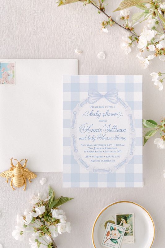 Baby Shower Invitation Printed, Classic Bow Invitations, Baby Boy Sprinkle, Whimsical Blue Gingham, 1st Birthday Boy (10 printed invitations | Plain White Envelopes)