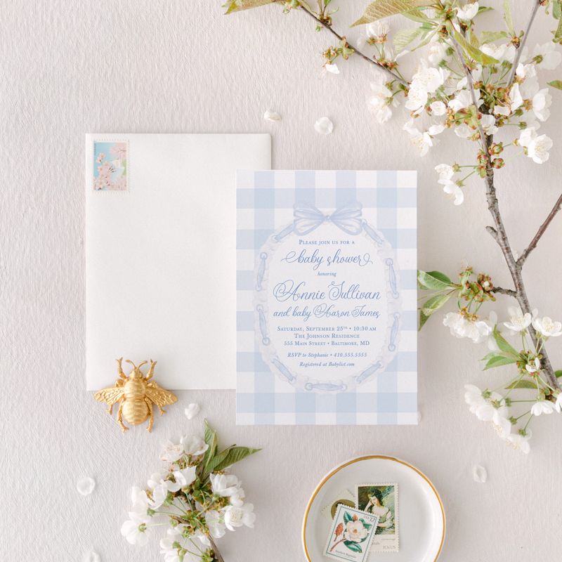 Baby Shower Invitation Printed, Classic Bow Invitations, Baby Boy Sprinkle, Whimsical Blue Gingham, 1st Birthday Boy (10 printed invitations | Plain White Envelopes)
