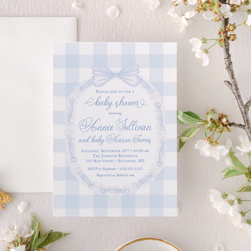 Baby Shower Invitation Printed, Classic Bow Invitations, Baby Boy Sprinkle, Whimsical Blue Gingham, 1st Birthday Boy (10 printed invitations | Plain White Envelopes)