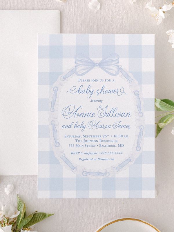 Baby Shower Invitation Printed, Classic Bow Invitations, Baby Boy Sprinkle, Whimsical Blue Gingham, 1st Birthday Boy (10 printed invitations | Plain White Envelopes)