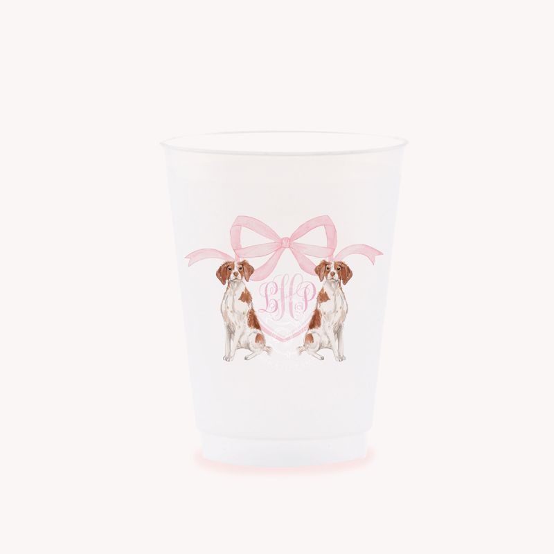 Party Cups with Brittany Spaniel Puppy Monogram Crest Baby Girl Shower Sprinkle Cups, 1st Birthday Party, Fancy Tea Party, Girl Birthday (25 cups (minimum))