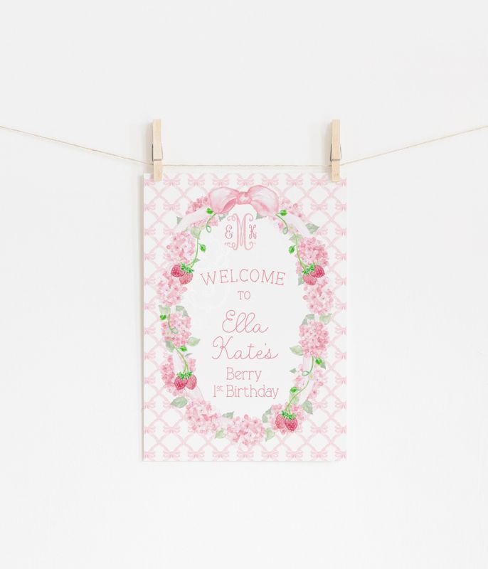 Berry First Birthday Party Printed Welcome Sign - 18x24" welcome poster printed - strawberry girl birthday (18x24 inches | Poster)