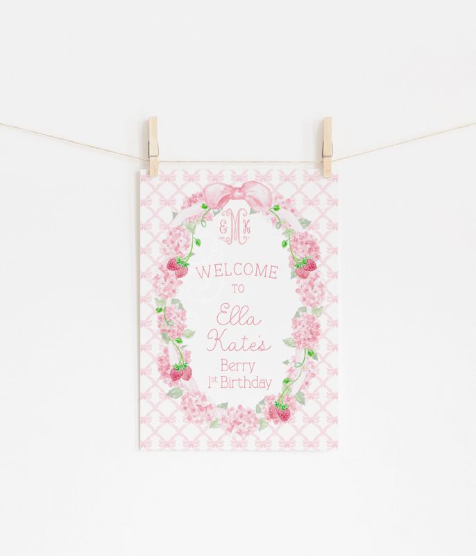 Berry 1st Birthday Welcome Sign Printable - Preppy Monogram Strawberry Pink Bow Birthday Sign - First Birthday Welcome Sign