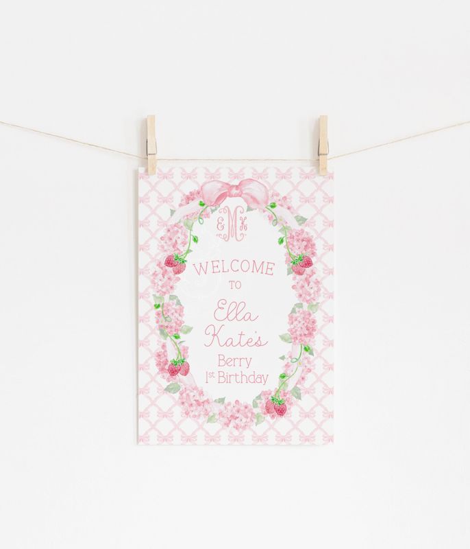 Berry 1st Birthday Welcome Sign Printable - Preppy Monogram Strawberry Pink Bow Birthday Sign - First Birthday Welcome Sign