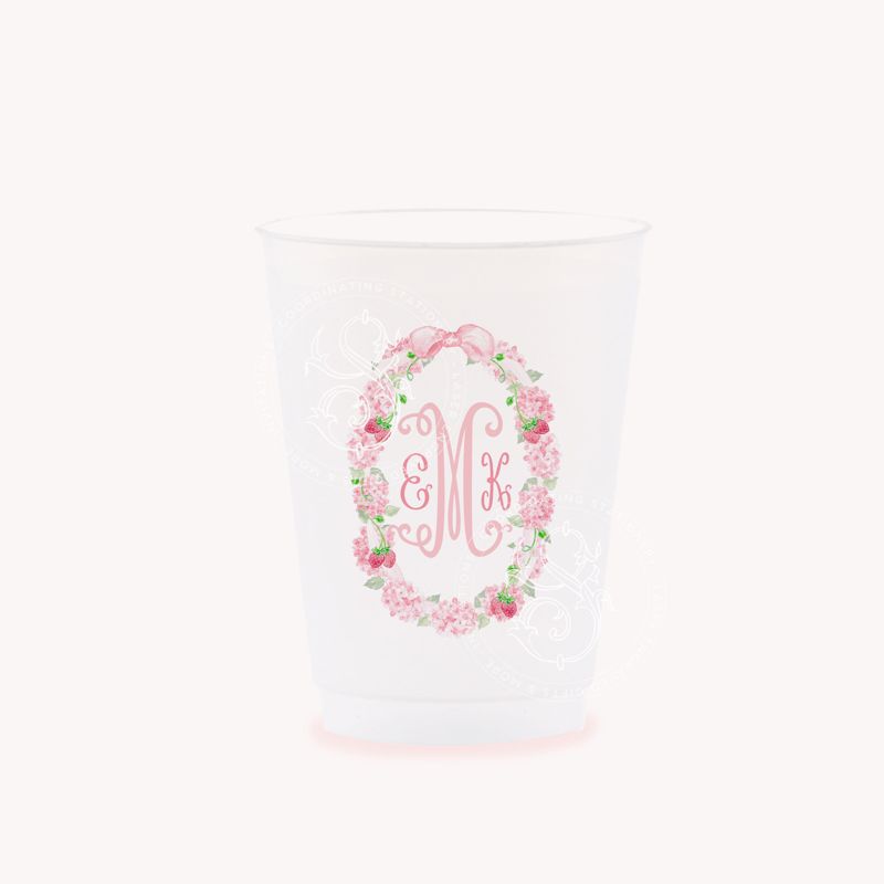 Custom First Birthday Cups - Strawberry Monogram Party Cups for Baby Girl Shower Sprinkle Cups, 1st Birthday Party, Girl Birthday (25 cups (minimum))