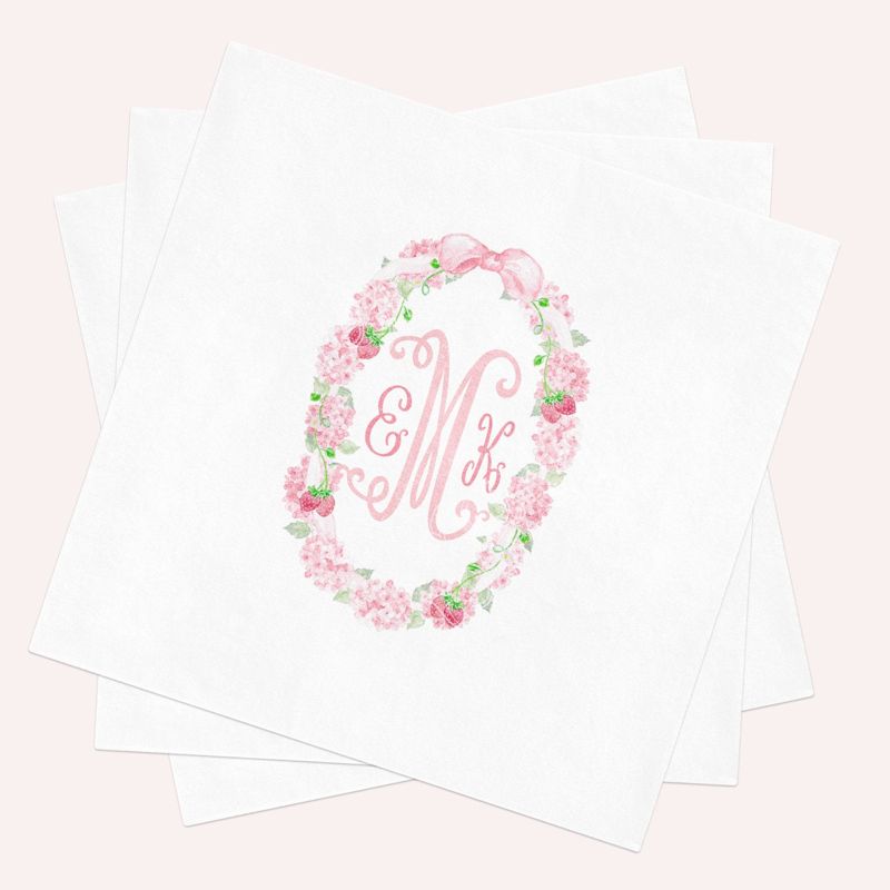 Berry First Birthday Napkins, Strawberry Monogram Napkins for Girl Baby Shower or Birthday Party, Paper Napkins, Cocktail Napkins (100 Napkins (minimum order) | Cocktail - 4.75 inch square)