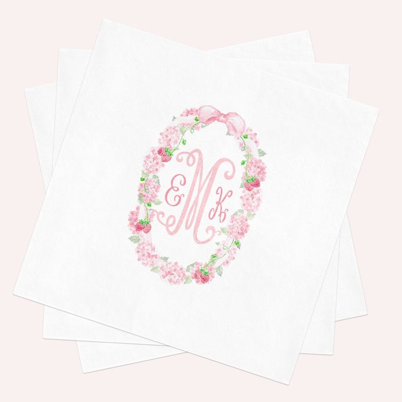 Berry First Birthday Napkins, Strawberry Monogram Napkins for Girl Baby Shower or Birthday Party, Paper Napkins, Cocktail Napkins (100 Napkins (minimum order) | Cocktail - 4.75 inch square)