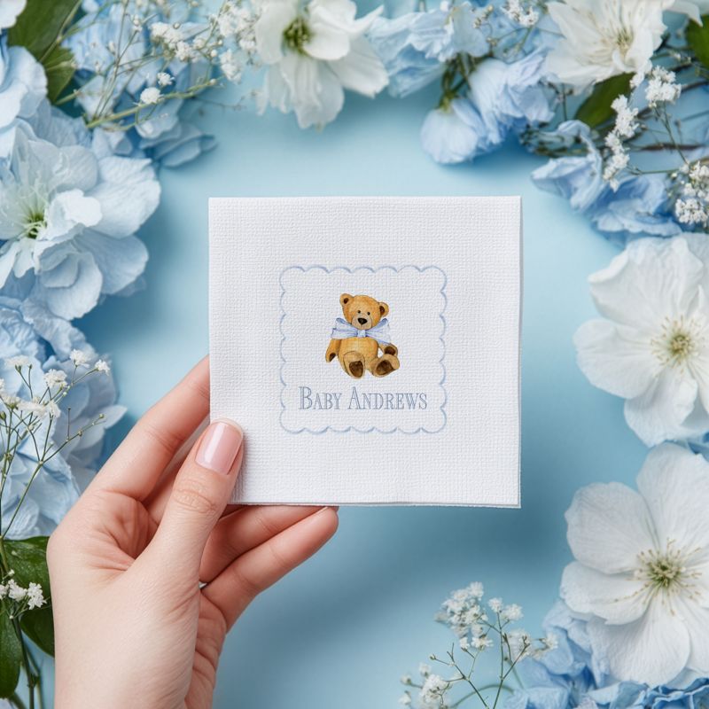 Teddy Bear Baby Shower Personalized Napkins - Printed Paper Napkins - Custom Napkins for Baby Sprinkle - Custom Cocktail Napkins (100 Napkins (minimum order) | Cocktail - 4.75 inch square)