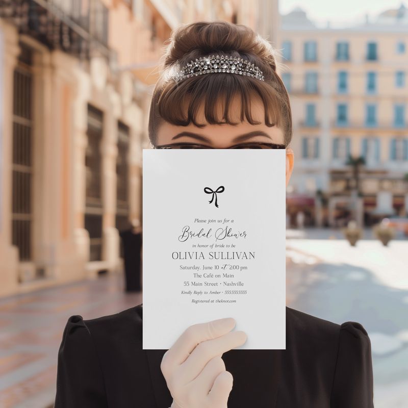 Black BOW Bridal Shower Invitations - Coquette BLACK Bow Bridal Tea - Bow Aesthetic Bridal Luncheon, Bridesmaids Lunch Minimalist Bow (10 printed invitations | Plain White Envelopes)
