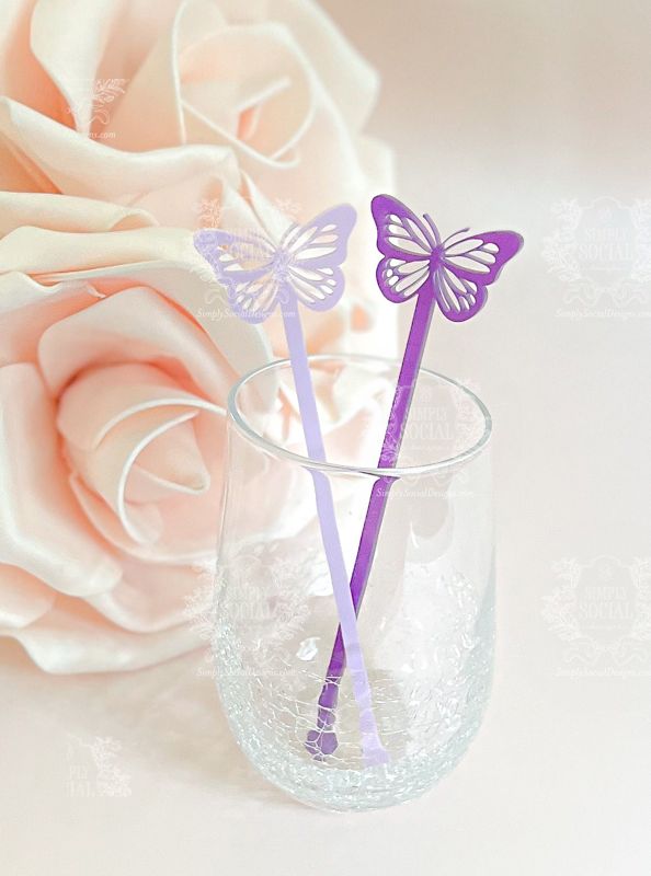 Butterfly stirrers for Girl baby shower - cocktail stirrers - acrylic stir sticks - swizzle stick - Butterfly birthday party (Set of 5 stirrers, Pastel Purple)
