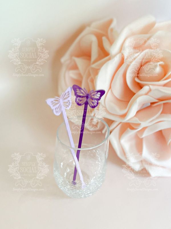 Butterfly stirrers for Girl baby shower - cocktail stirrers - acrylic stir sticks - swizzle stick - Butterfly birthday party (Set of 5 stirrers, Pastel Purple)