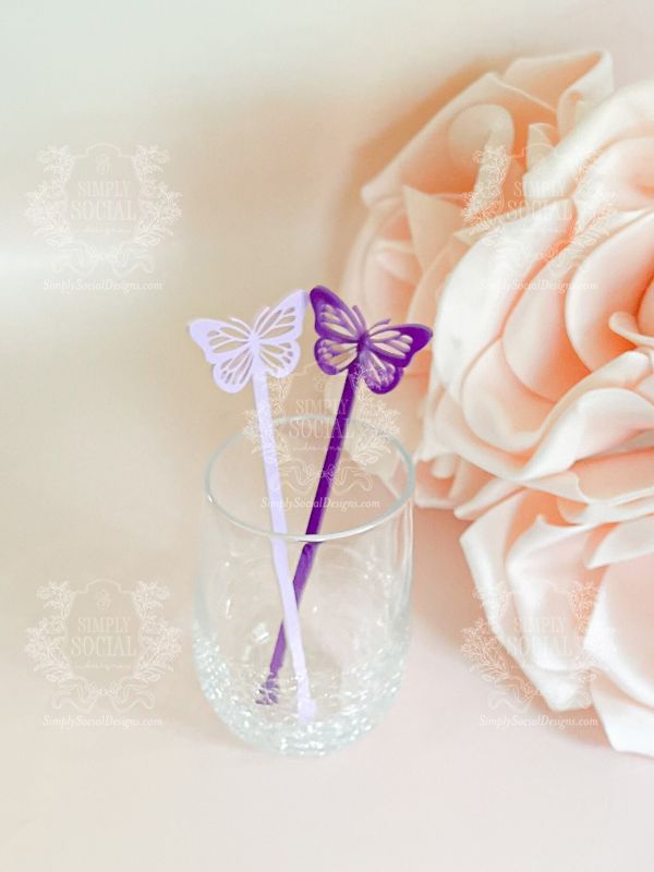 Butterfly stirrers for Girl baby shower - cocktail stirrers - acrylic stir sticks - swizzle stick - Butterfly birthday party (Set of 5 stirrers, Pastel Purple)