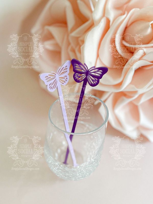 Butterfly stirrers for Girl baby shower - cocktail stirrers - acrylic stir sticks - swizzle stick - Butterfly birthday party (Set of 5 stirrers, Pastel Purple)