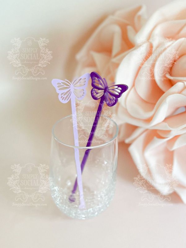 Butterfly stirrers for Girl baby shower - cocktail stirrers - acrylic stir sticks - swizzle stick - Butterfly birthday party (Set of 5 stirrers, Pastel Purple)