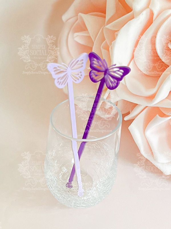Butterfly stirrers for Girl baby shower - cocktail stirrers - acrylic stir sticks - swizzle stick - Butterfly birthday party (Set of 5 stirrers, Pastel Purple)