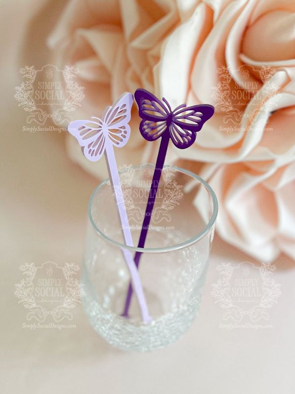 Butterfly stirrers for Girl baby shower - cocktail stirrers - acrylic stir sticks - swizzle stick - Butterfly birthday party (Set of 5 stirrers, Pastel Purple)